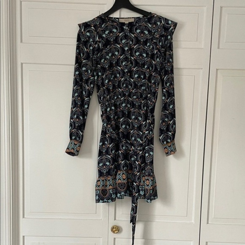 LOFT‎ Dress Womens XS Navy Blue Paisley Boho Ruffle Tie Waist Mini Excellent